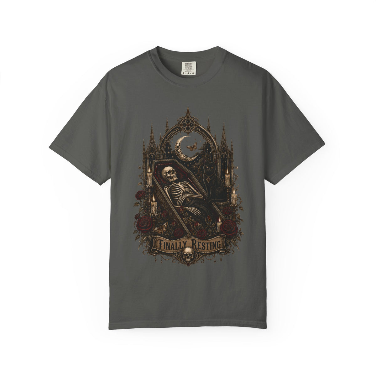 Finally Resting Gothic Skeleton Coffin Black Cat Dark Gothic Graphic UnisexT-Shirt