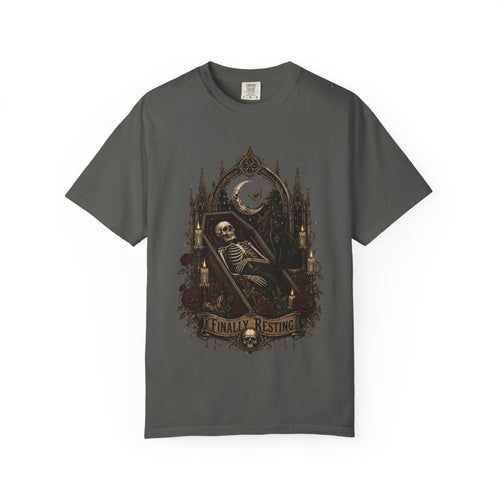 Finally Resting Gothic Skeleton Coffin Black Cat Dark Gothic Graphic UnisexT-Shirt