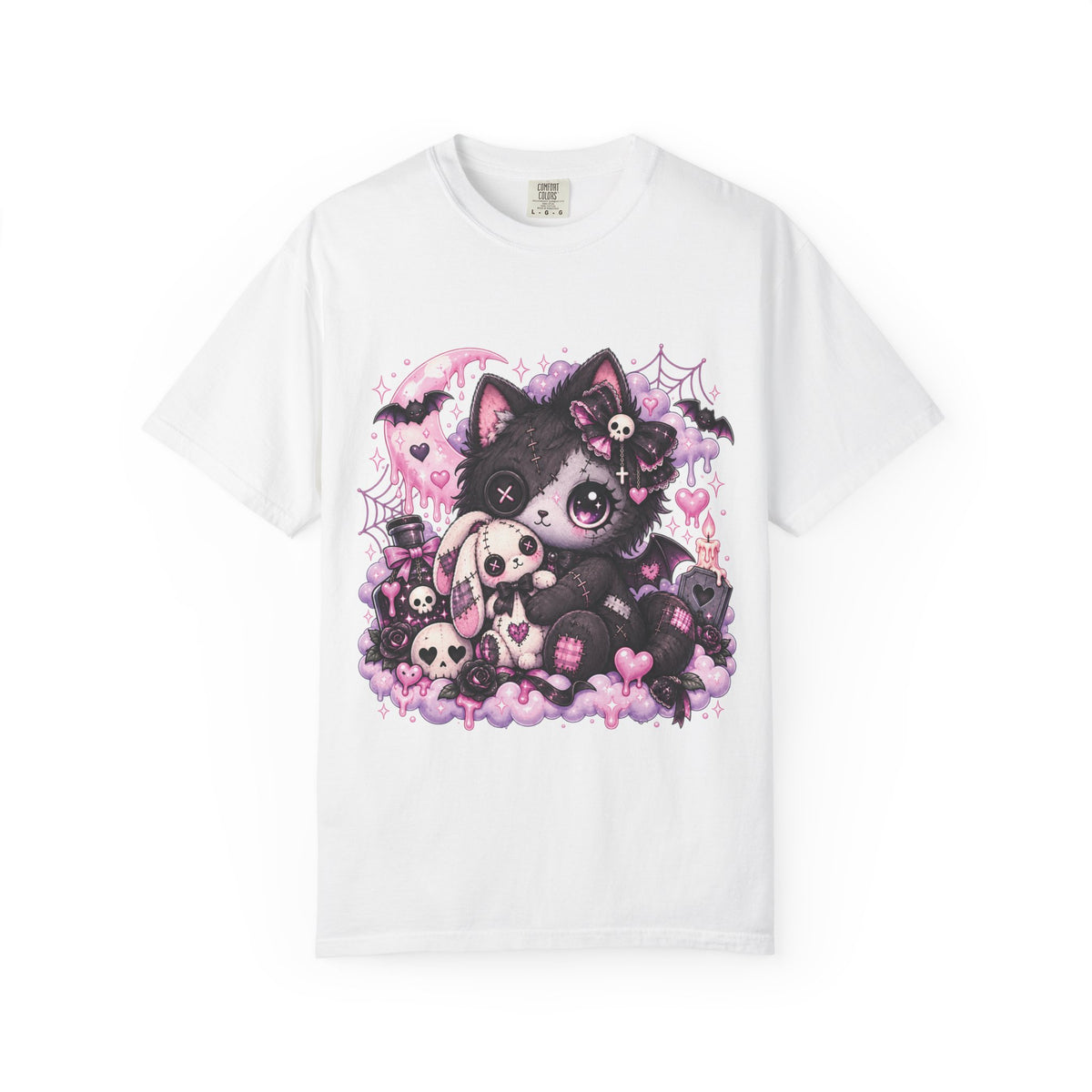 Gothic Cute Cat  Pink Kawaii Kitty with Skulls & Bats Graphic T-Shirt