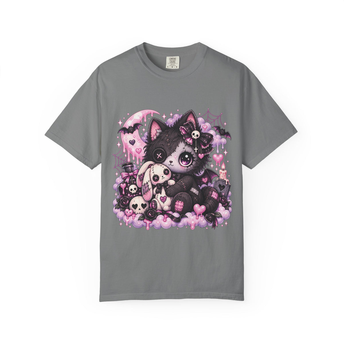 Gothic Cute Cat  Pink Kawaii Kitty with Skulls & Bats Graphic T-Shirt