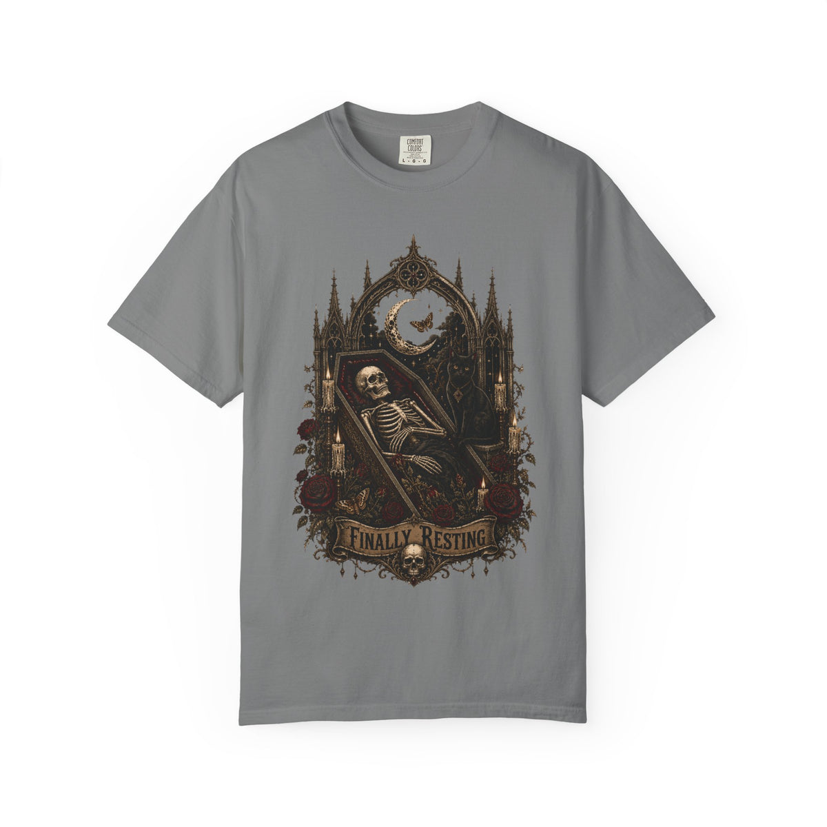 Finally Resting Gothic Skeleton Coffin Black Cat Dark Gothic Graphic UnisexT-Shirt