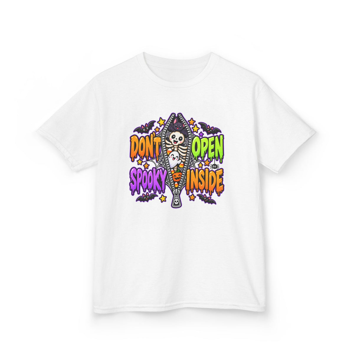 Don't Open Spooky Inside Funny Halloween Skeleton Ghost Bat  Kids Heavy Cotton™ T-Shirt