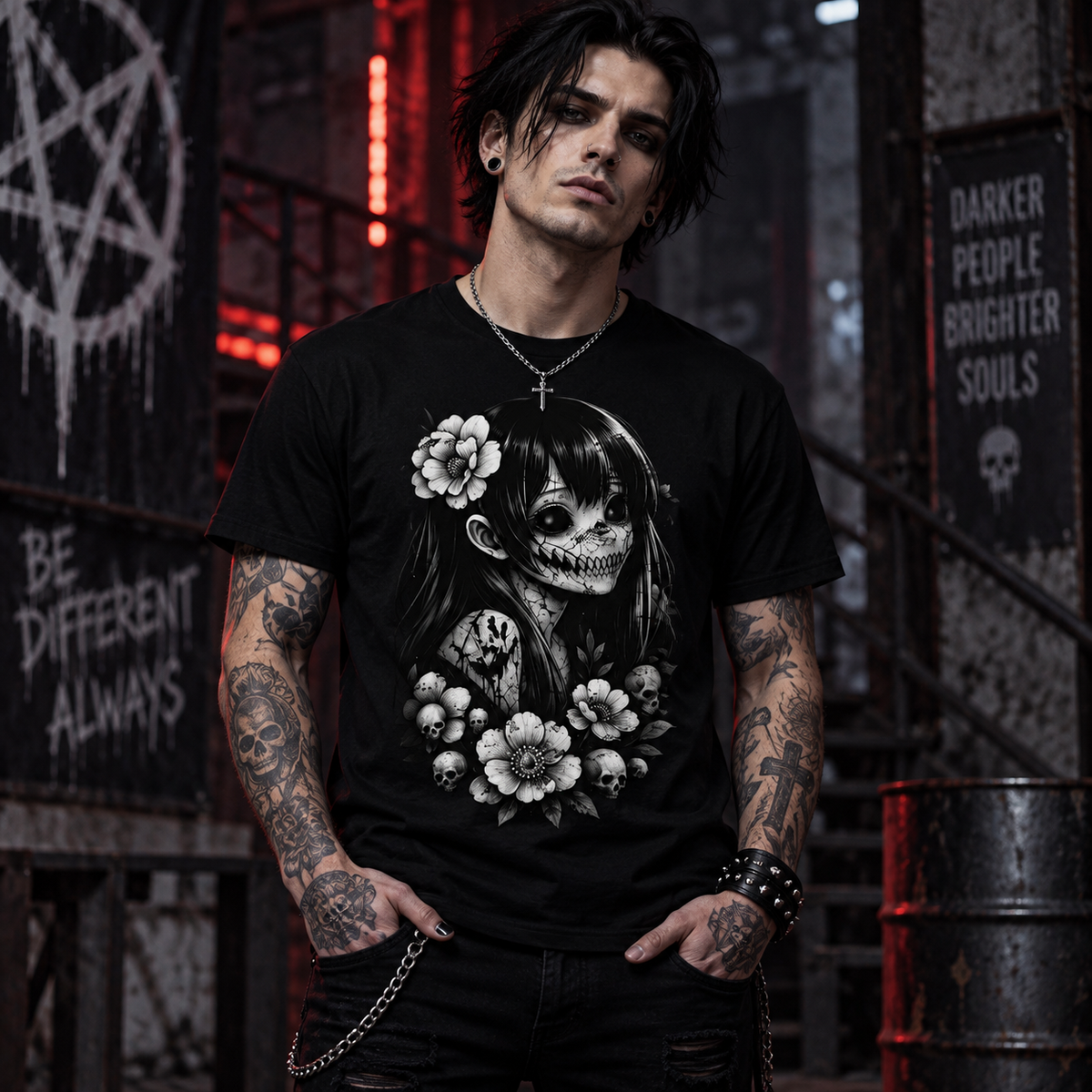 Gothic Skull Girl Floral Graphic Alternative Aesthetic Unisex T-Shirt