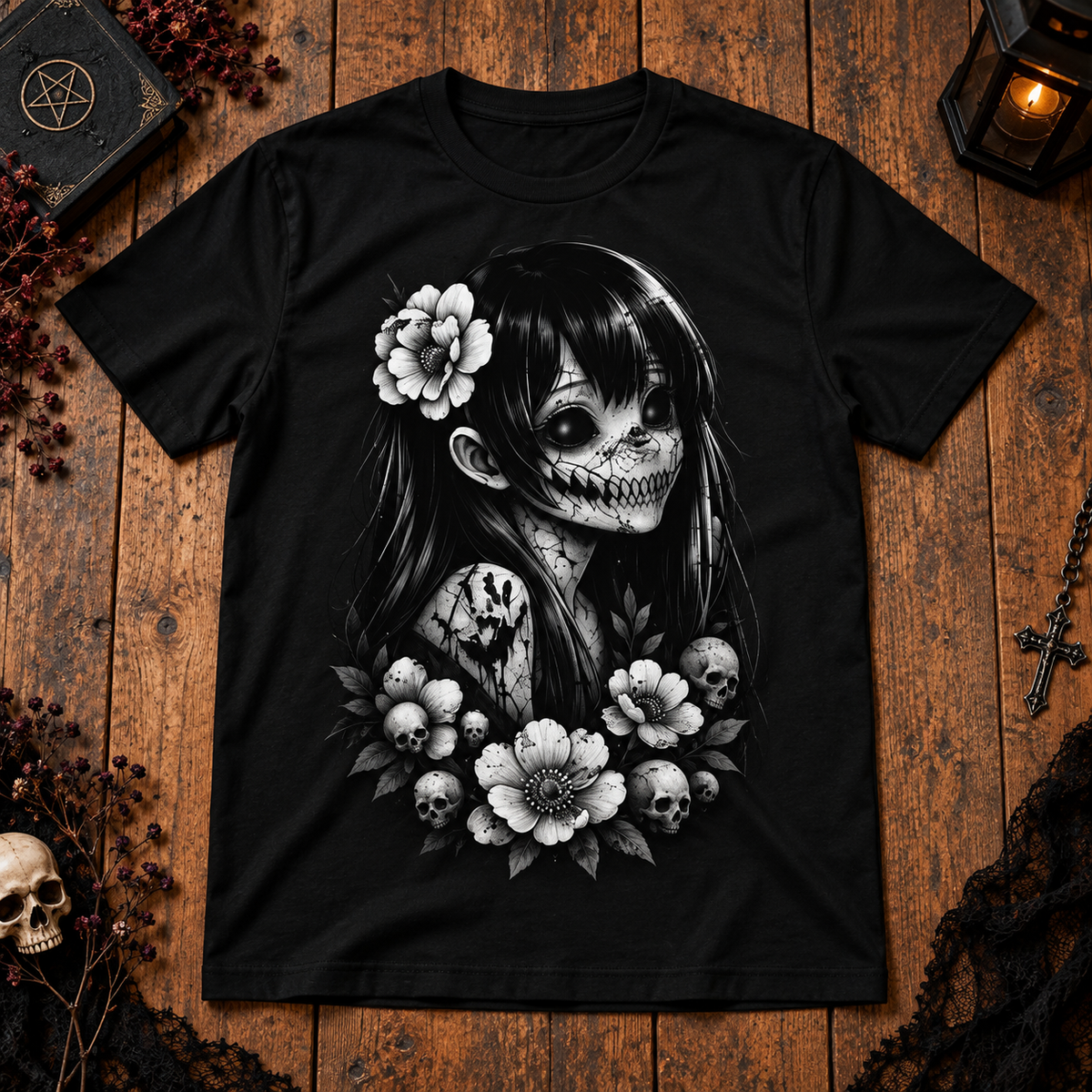Gothic Skull Girl Floral Graphic Alternative Aesthetic Unisex T-Shirt