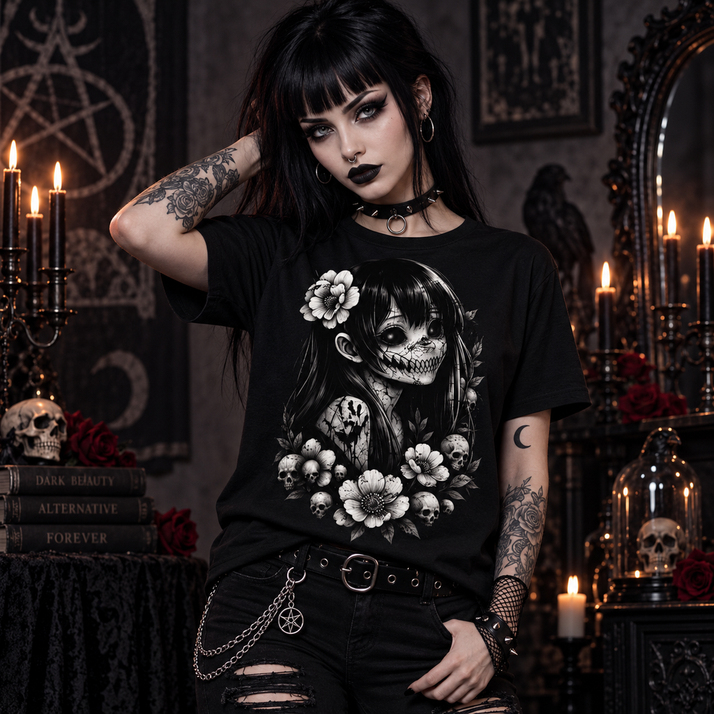 Gothic Skull Girl Floral Graphic Alternative Aesthetic Unisex T-Shirt