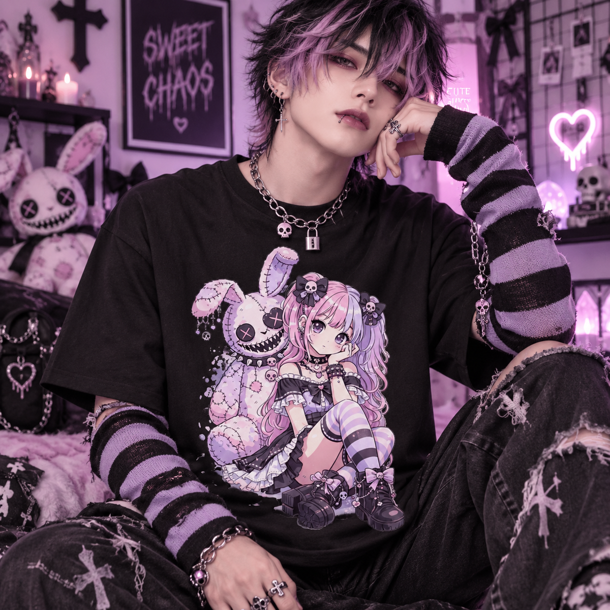 Pastel Goth Anime Girl Kawaii Creepy Bunny Graphic Unisex T-Shirt