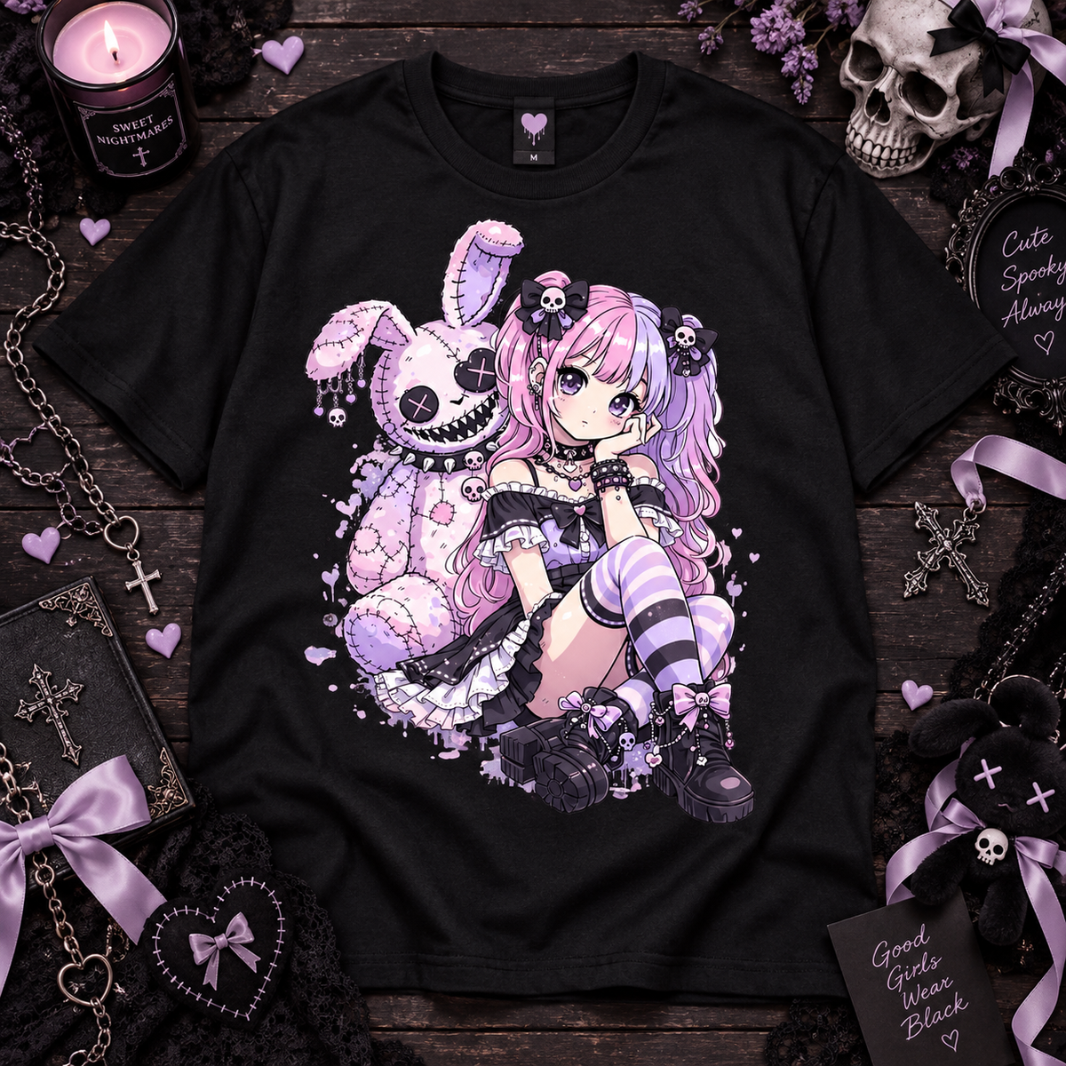 Pastel Goth Anime Girl Kawaii Creepy Bunny Graphic Unisex T-Shirt