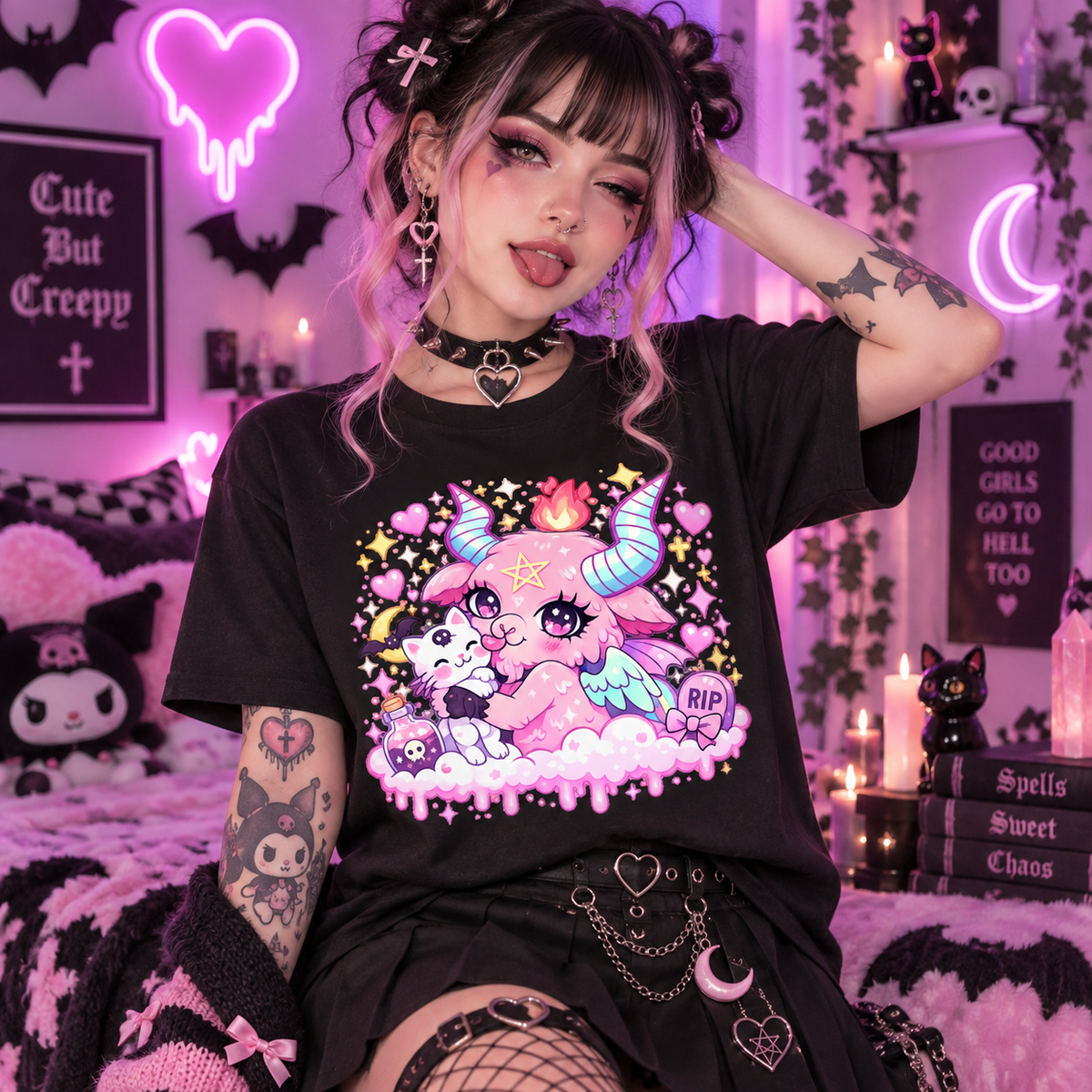 Pastel Goth Kawaii Demon Cat Graphic Cute Spooky Alternative Unisex T-Shirt