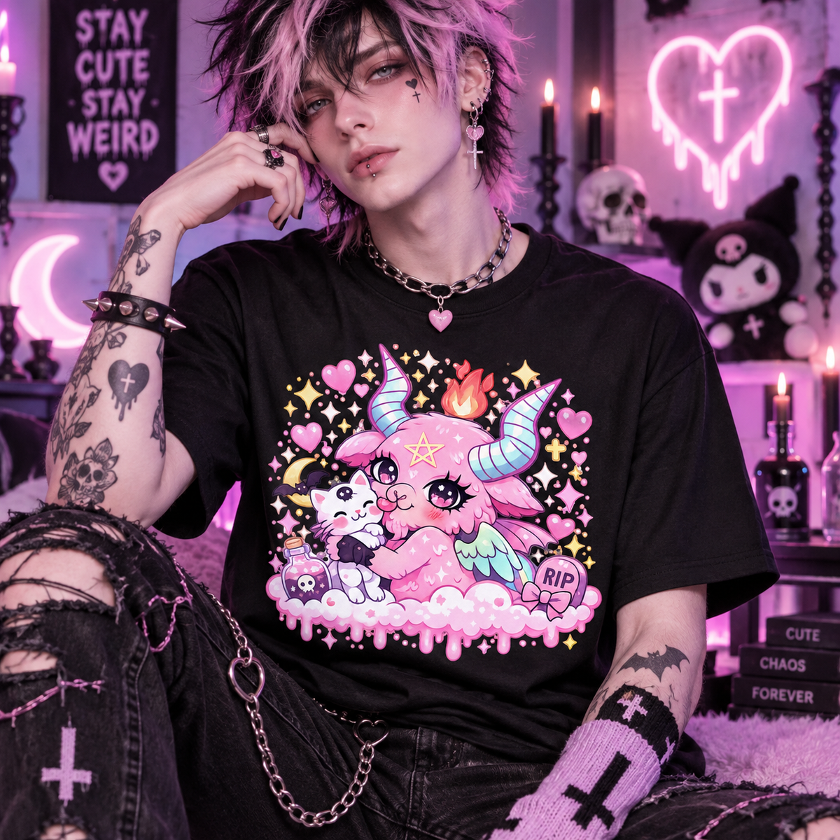 Pastel Goth Kawaii Demon Cat Graphic Cute Spooky Alternative Unisex T-Shirt