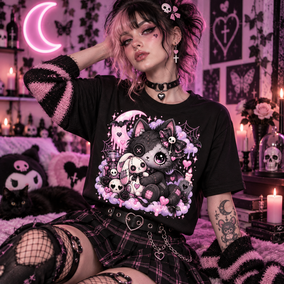 Gothic Cute Cat  Pink Kawaii Kitty with Skulls & Bats Graphic T-Shirt