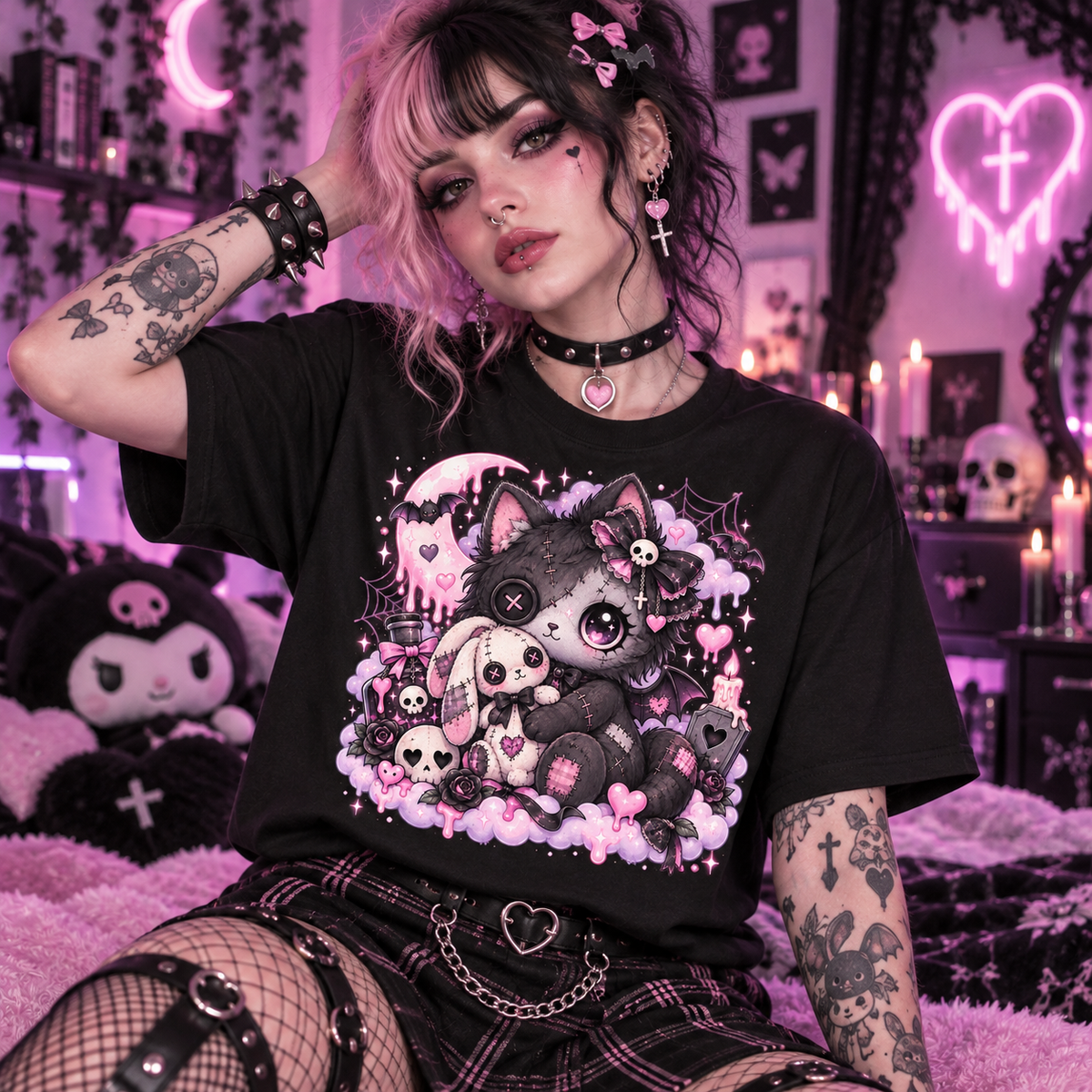 Gothic Cute Cat  Pink Kawaii Kitty with Skulls & Bats Graphic T-Shirt