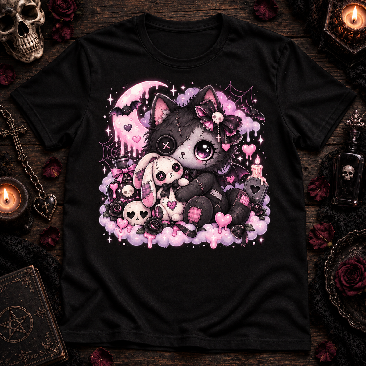 Gothic Cute Cat  Pink Kawaii Kitty with Skulls & Bats Graphic T-Shirt