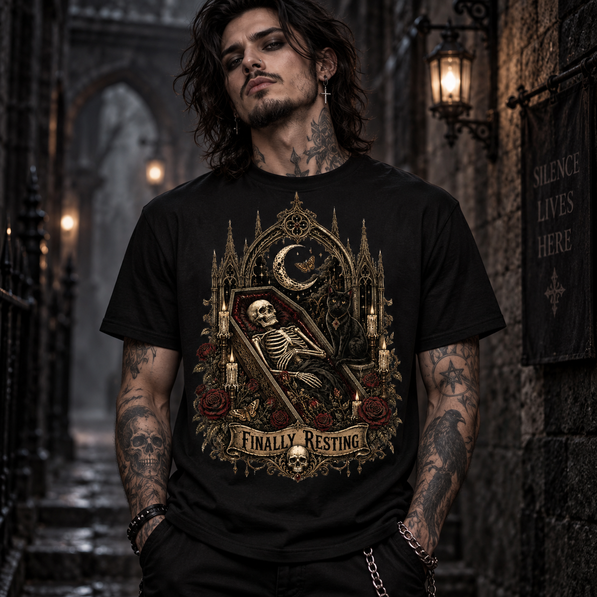 Finally Resting Gothic Skeleton Coffin Black Cat Dark Gothic Graphic UnisexT-Shirt