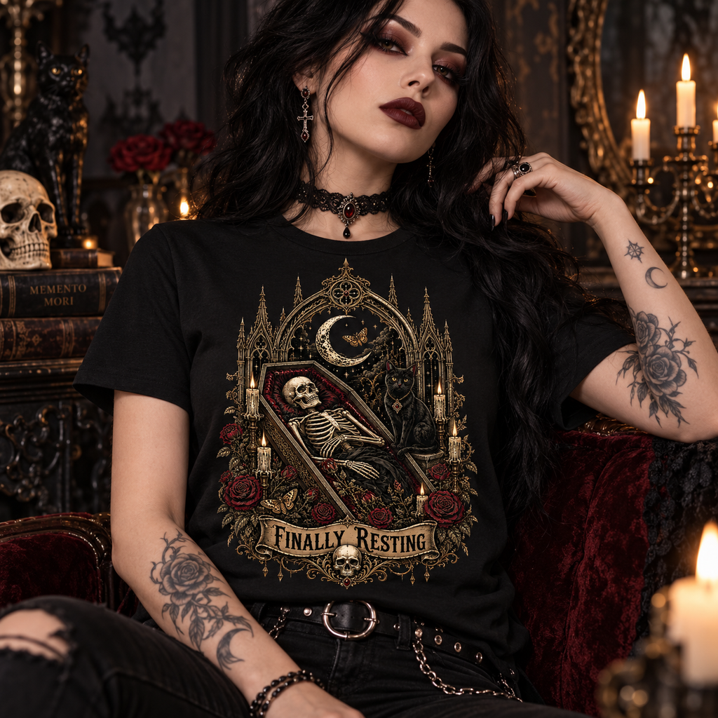 Finally Resting Gothic Skeleton Coffin Black Cat Dark Gothic Graphic UnisexT-Shirt