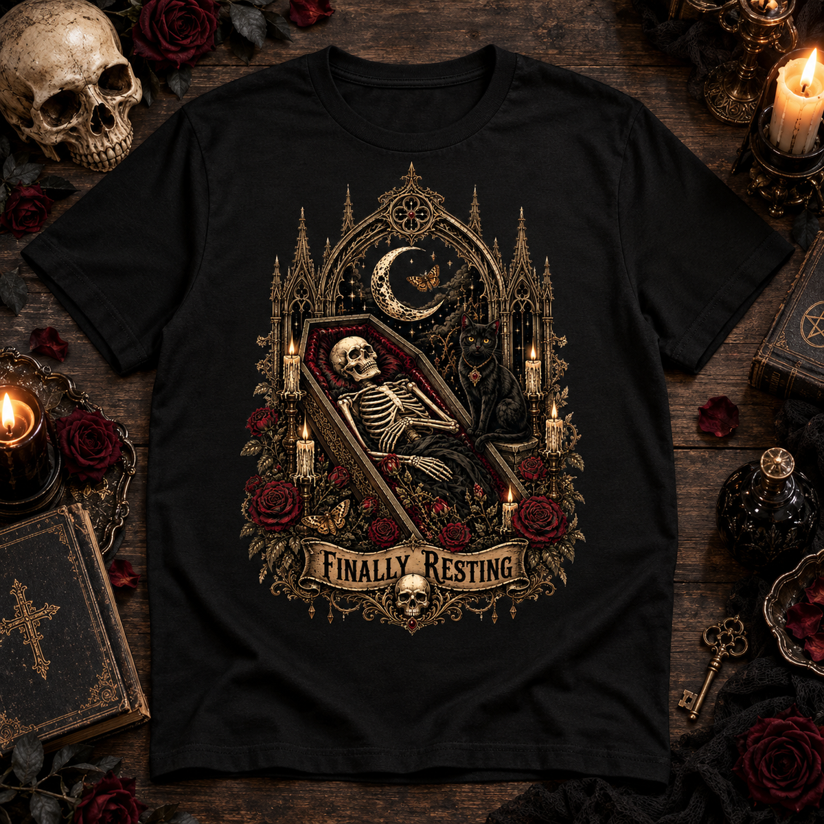 Finally Resting Gothic Skeleton Coffin Black Cat Dark Gothic Graphic UnisexT-Shirt
