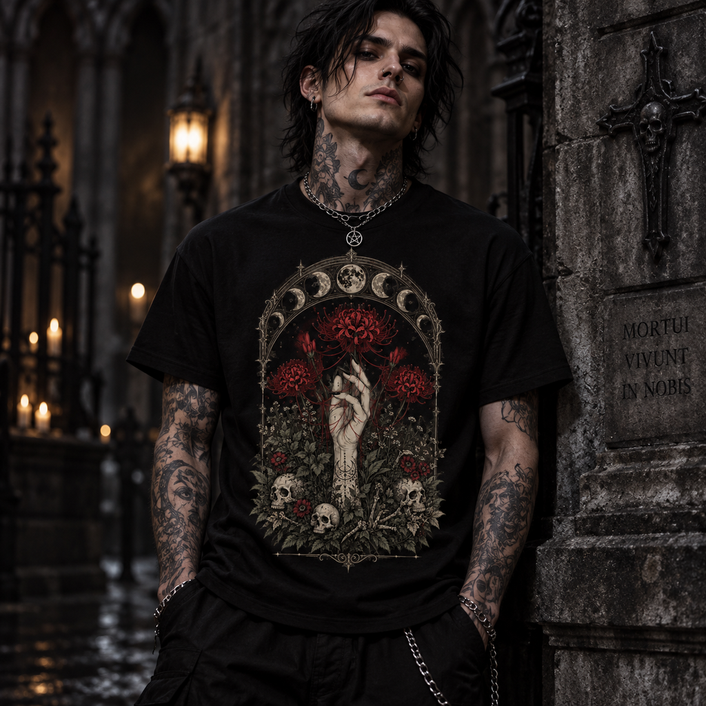 Gothic Skull Floral Moon Phases Dark Botanical Alternative Graphic Unisex T-Shirt