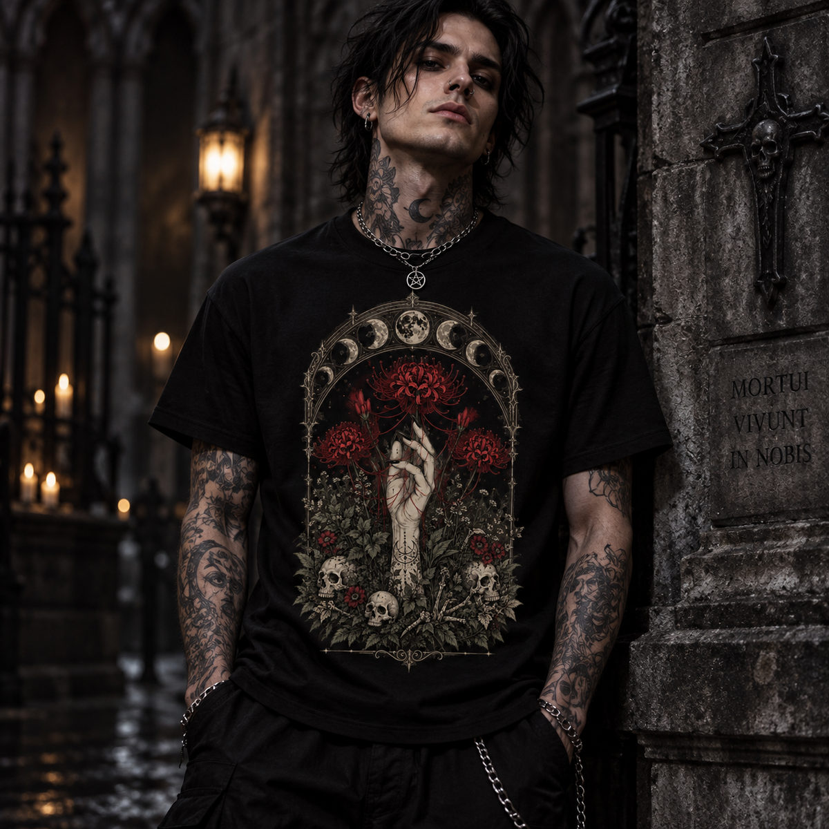Gothic Skull Floral Moon Phases Dark Botanical Alternative Graphic Unisex T-Shirt