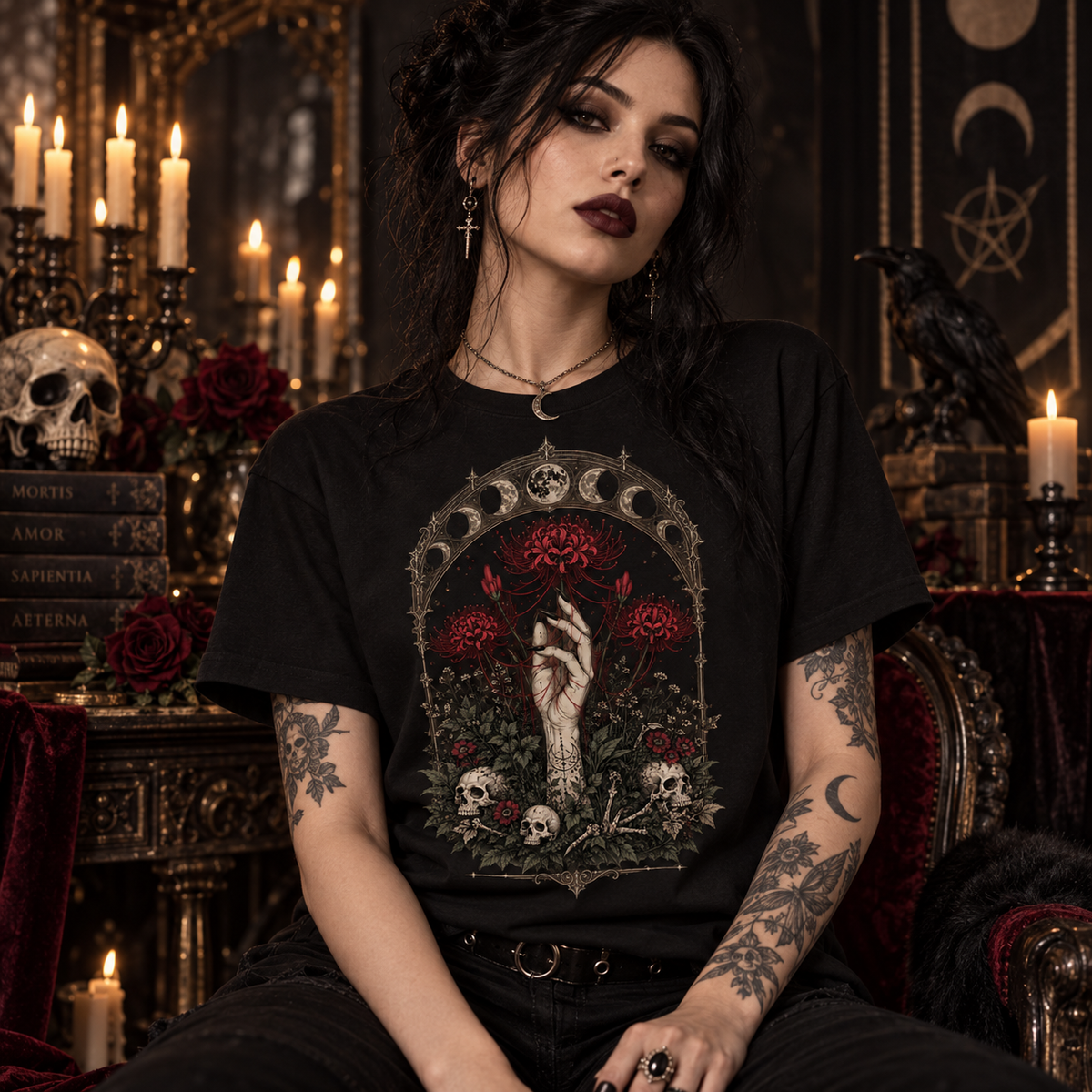 Gothic Skull Floral Moon Phases Dark Botanical Alternative Graphic Unisex T-Shirt