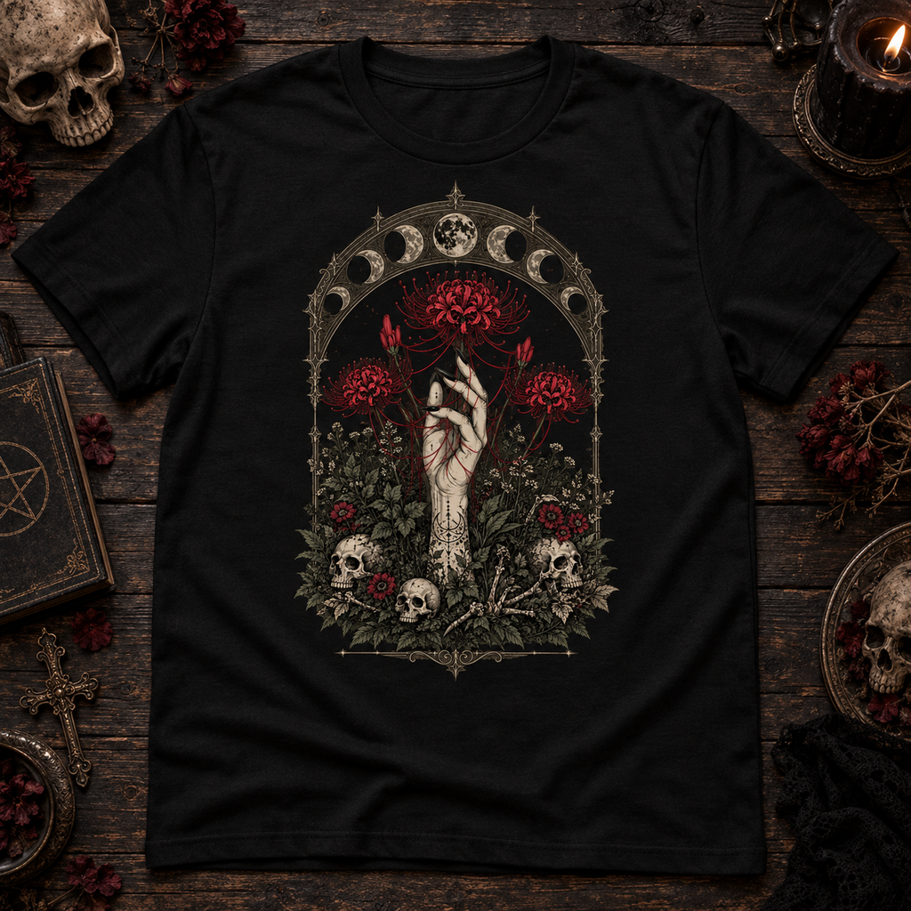 Gothic Skull Floral Moon Phases Dark Botanical Alternative Graphic Unisex T-Shirt
