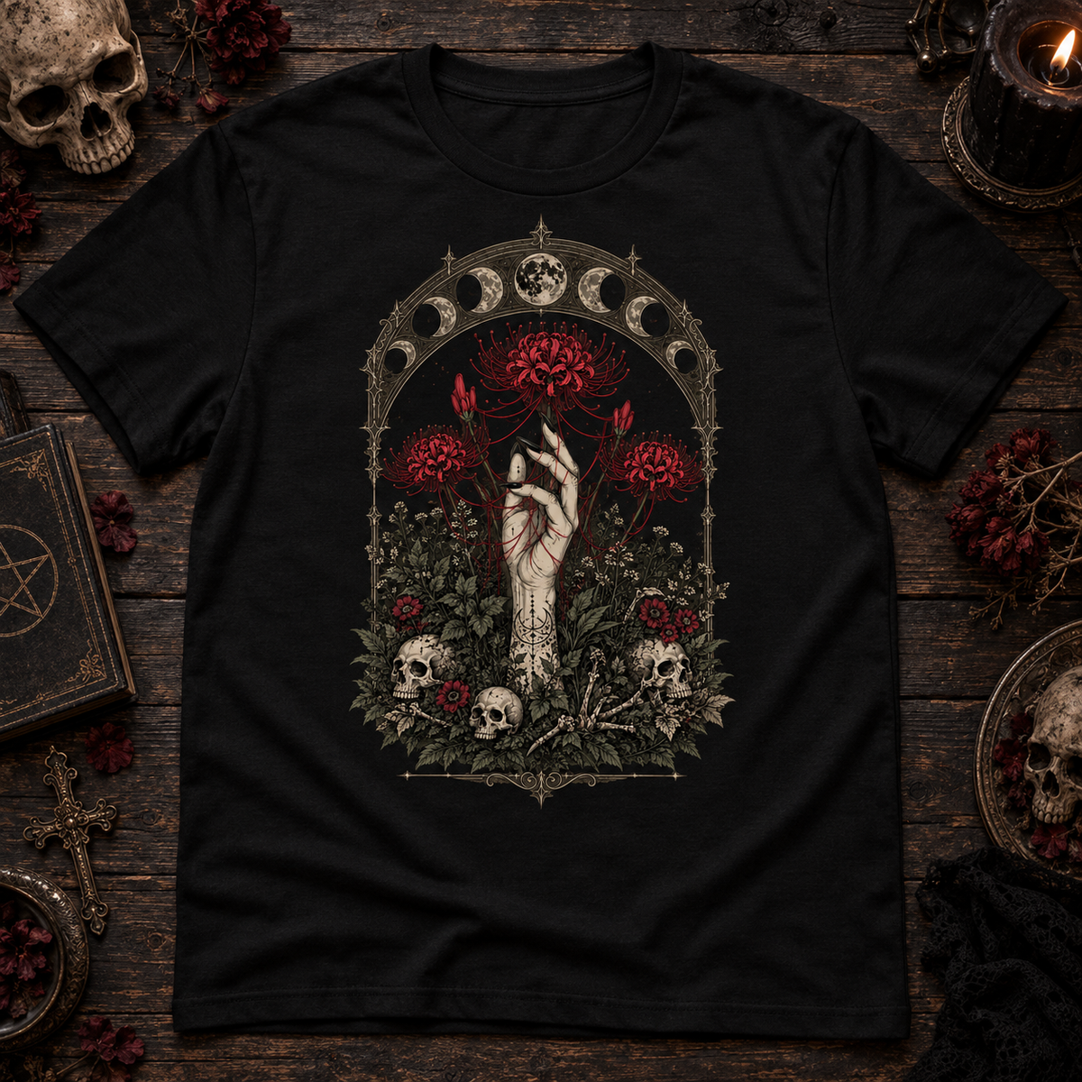 Gothic Skull Floral Moon Phases Dark Botanical Alternative Graphic Unisex T-Shirt
