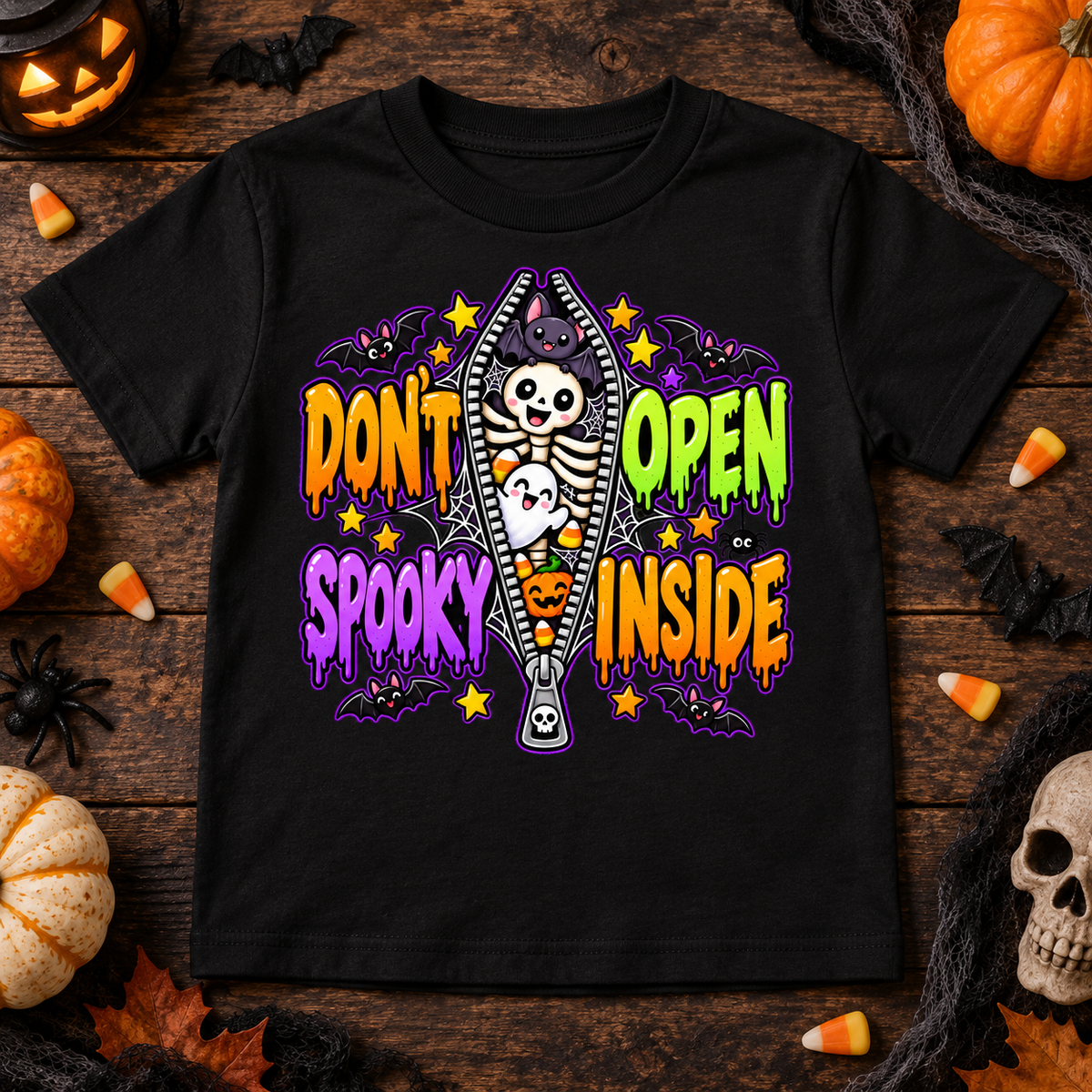Don't Open Spooky Inside Funny Halloween Skeleton Ghost Bat  Kids Heavy Cotton™ T-Shirt