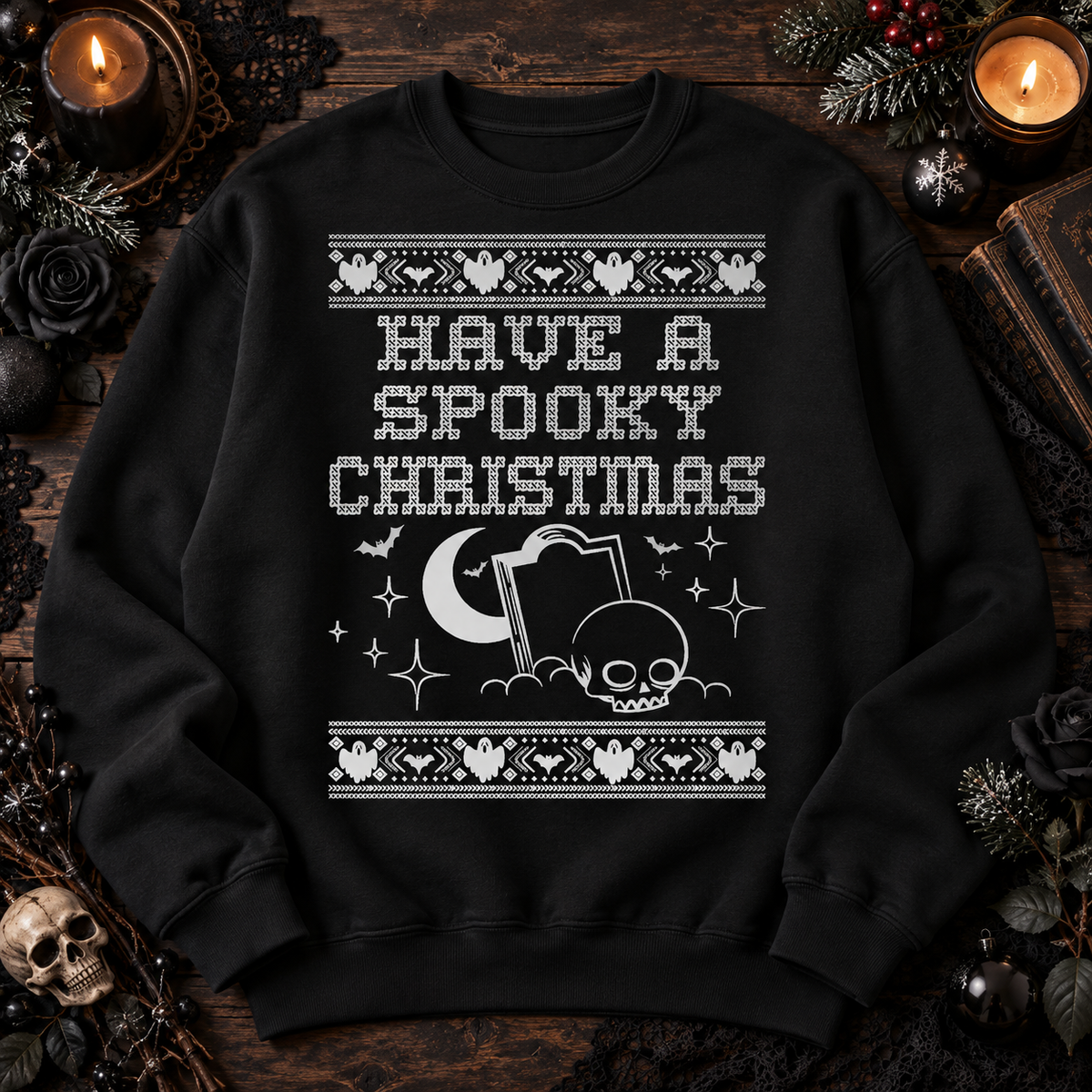Have a Spooky Christmas Sweatshirt – Gothic Skull Ugly Christmas Sweater Crewneck