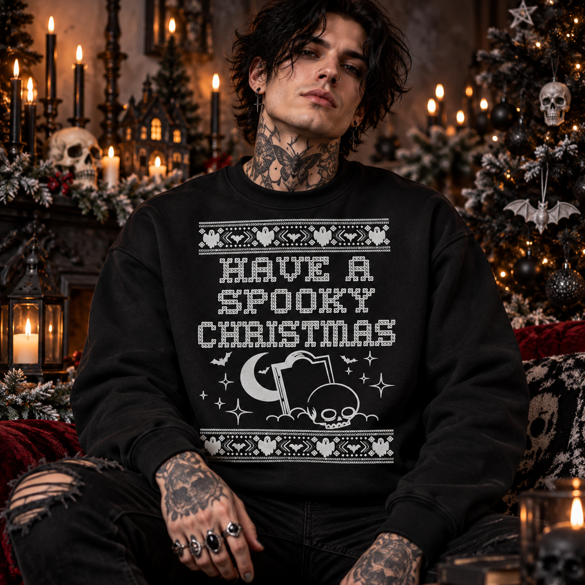Have a Spooky Christmas Sweatshirt – Gothic Skull Ugly Christmas Sweater Crewneck