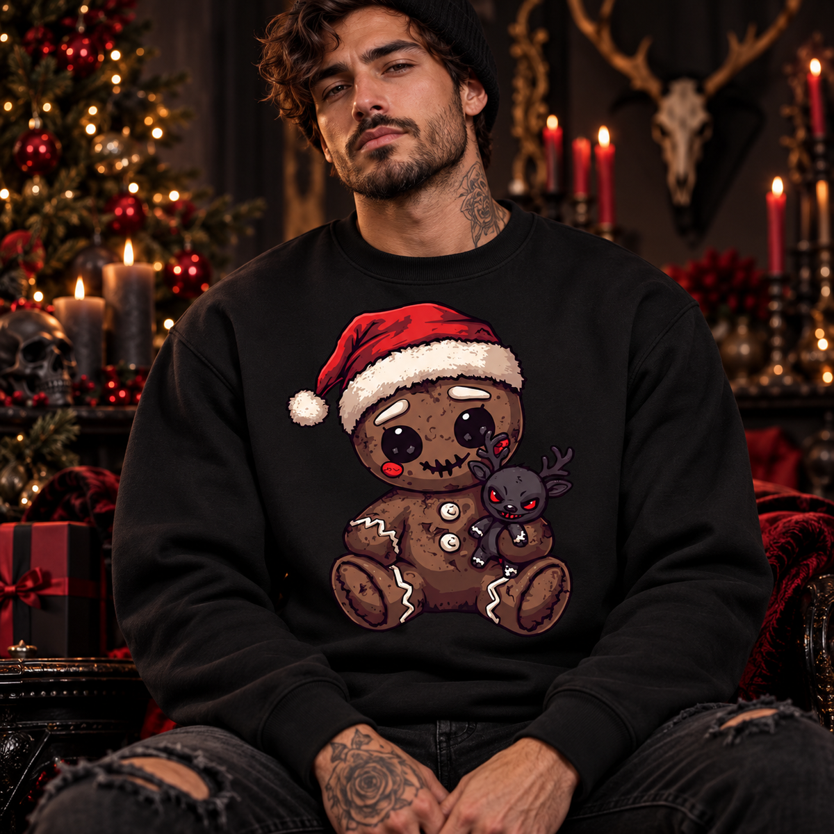 Spooky Gingerbread Doll Christmas Sweatshirt – Creepy Cute Gothic Holiday Pullover