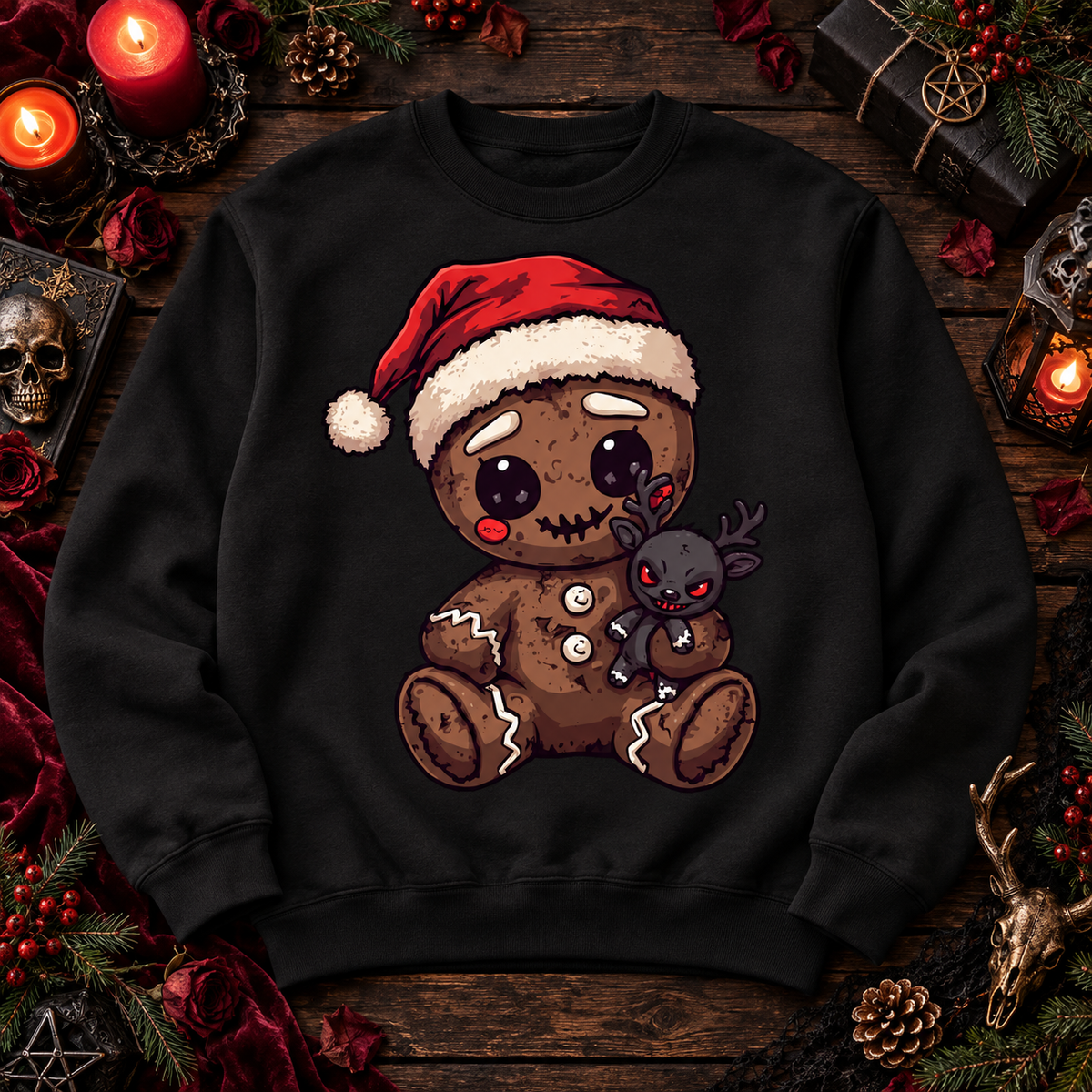 Spooky Gingerbread Doll Christmas Sweatshirt – Creepy Cute Gothic Holiday Pullover
