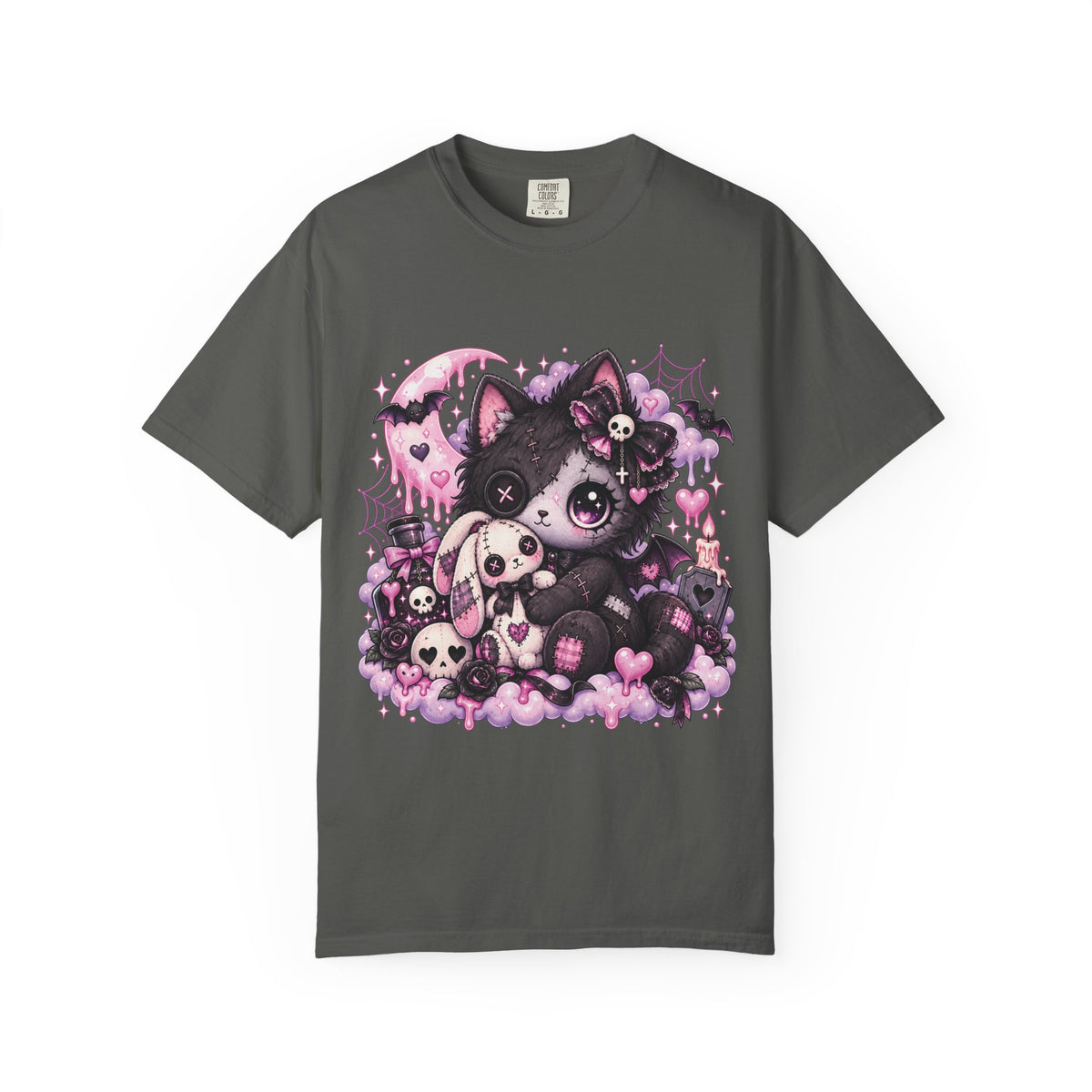 Gothic Cute Cat  Pink Kawaii Kitty with Skulls & Bats Graphic T-Shirt