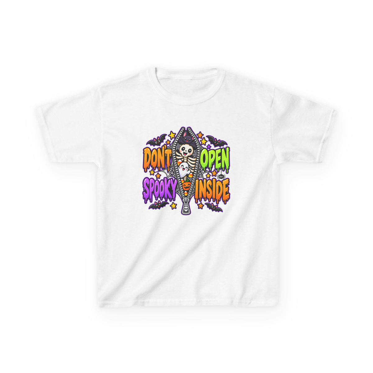 Don't Open Spooky Inside Funny Halloween Skeleton Ghost Bat  Kids Heavy Cotton™ T-Shirt
