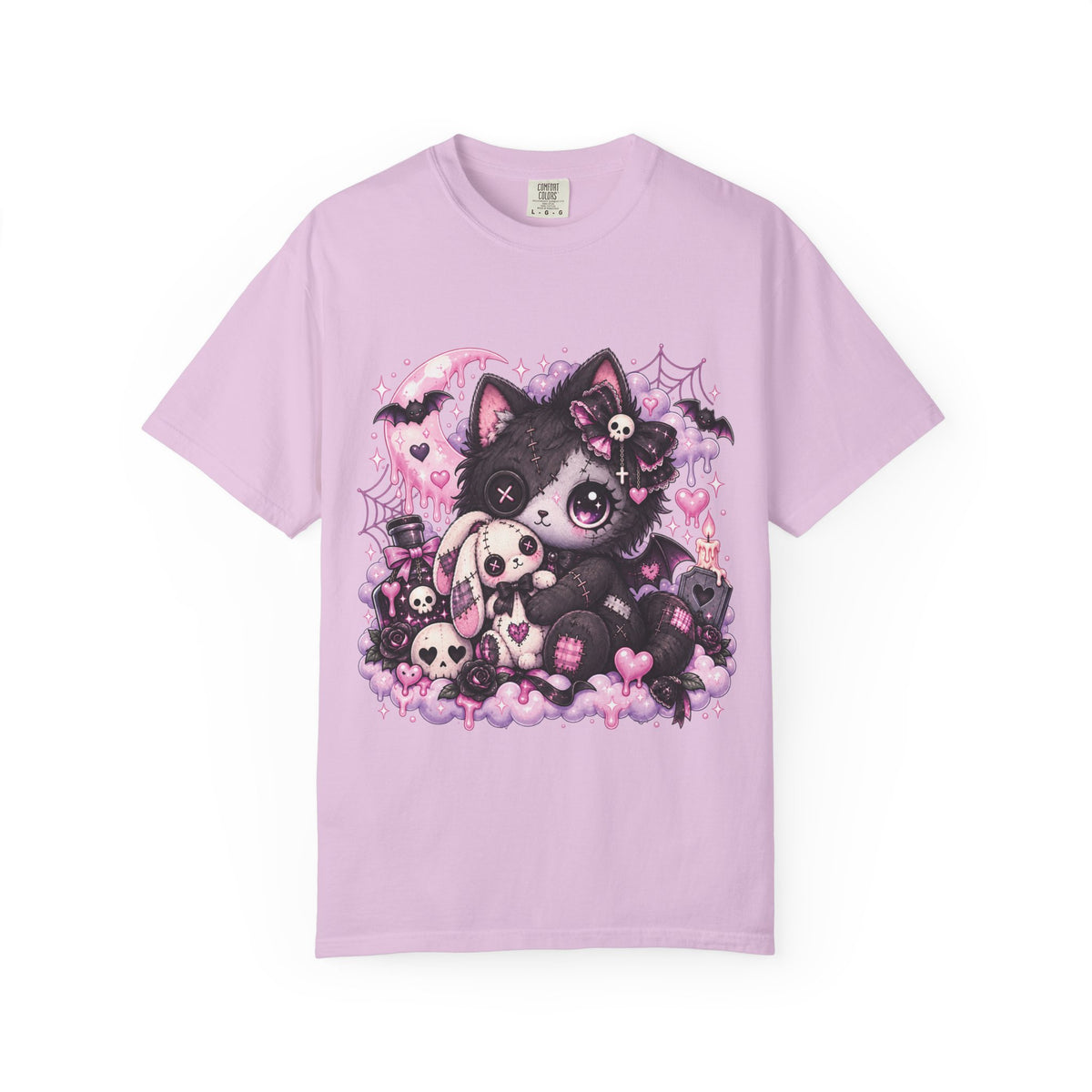 Gothic Cute Cat  Pink Kawaii Kitty with Skulls & Bats Graphic T-Shirt