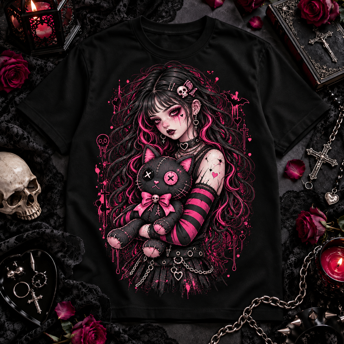Pastel Goth Girl Black Cat– Creepy Cute Gothic Graphic Unisex T-Shirt