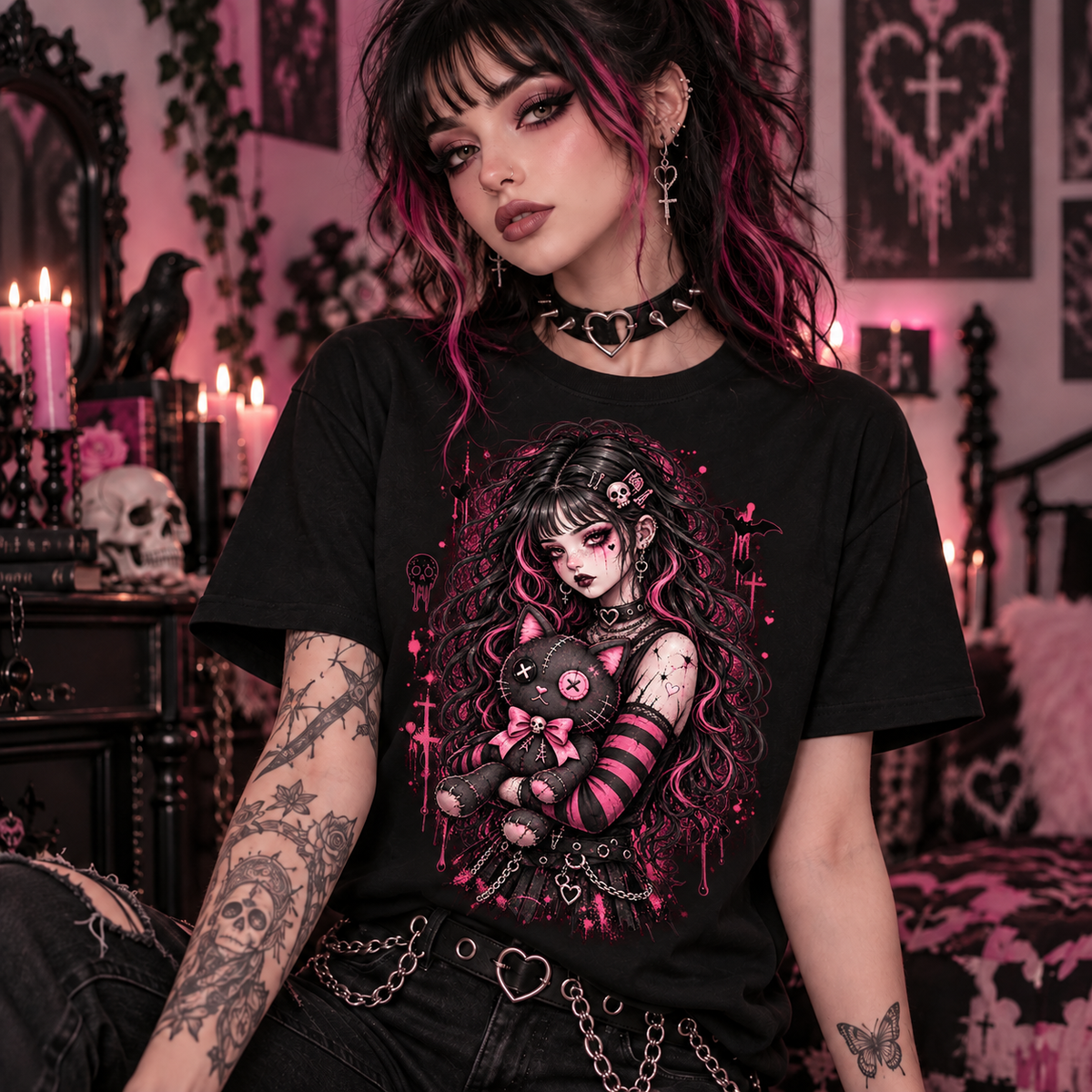 Pastel Goth Girl Black Cat– Creepy Cute Gothic Graphic Unisex T-Shirt