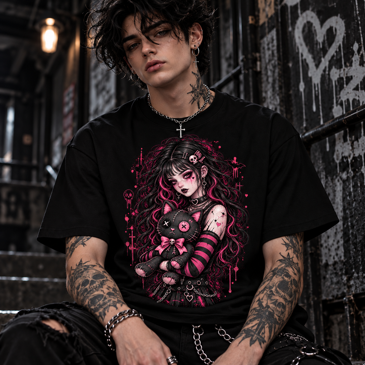 Pastel Goth Girl Black Cat– Creepy Cute Gothic Graphic Unisex T-Shirt